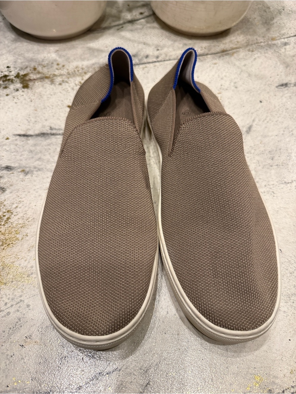 Rothy's Taupe Slip-On Flats with Blue Trim size 10